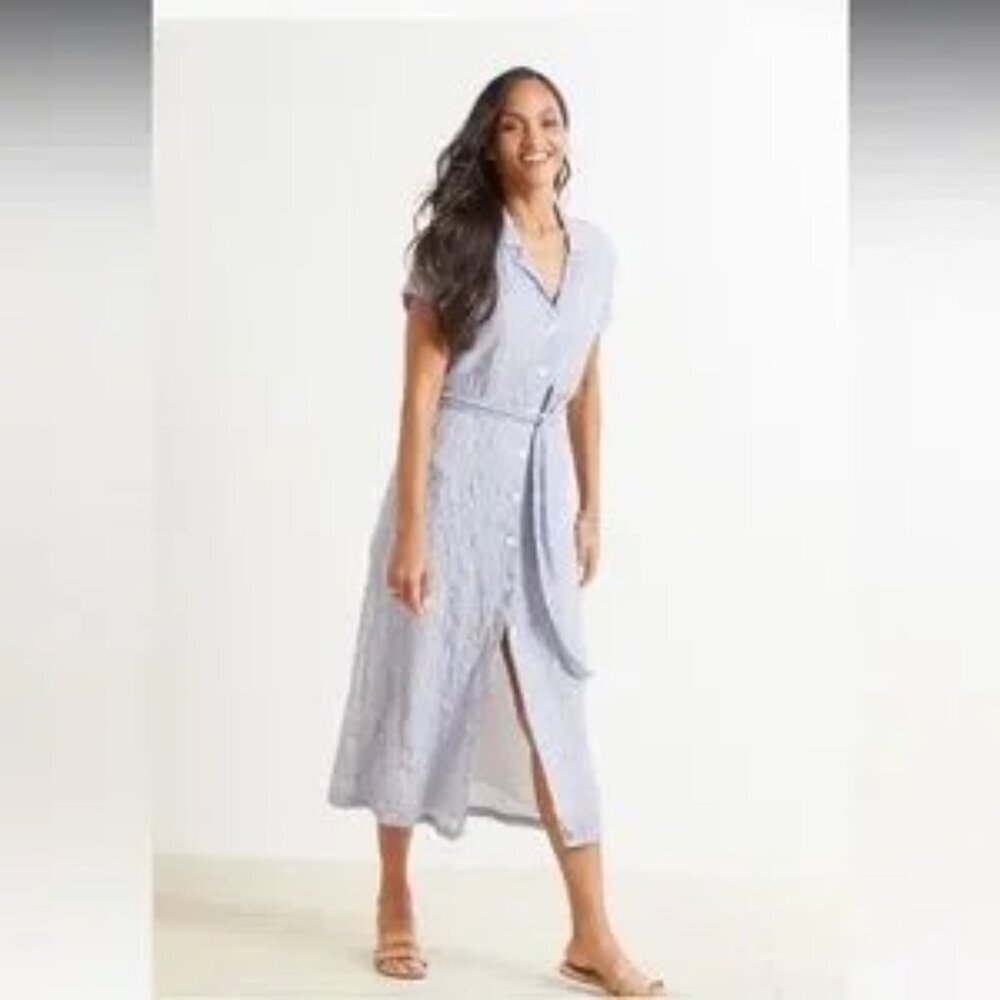 Cloth & Stone White Blue Stripe Button Down Belted Coastal Maxi Shirt Dr…